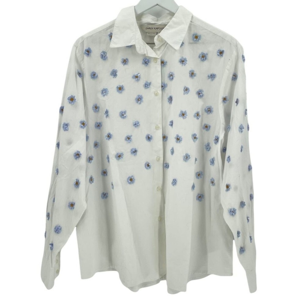 DHRUV KAPOOR Anthropologie Cotton Embroidered Button Down Shirt 3D Flowers Sz. S